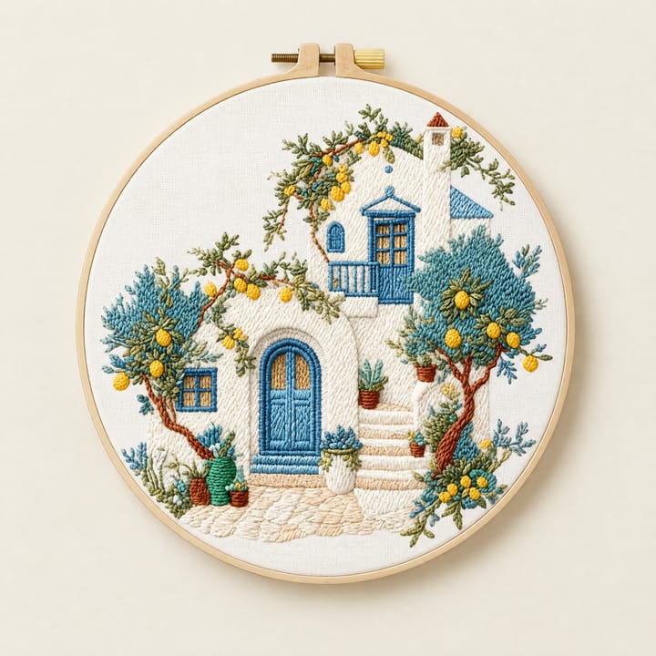 Lemon tree house embroidery hoop on a sunny yellow shelf