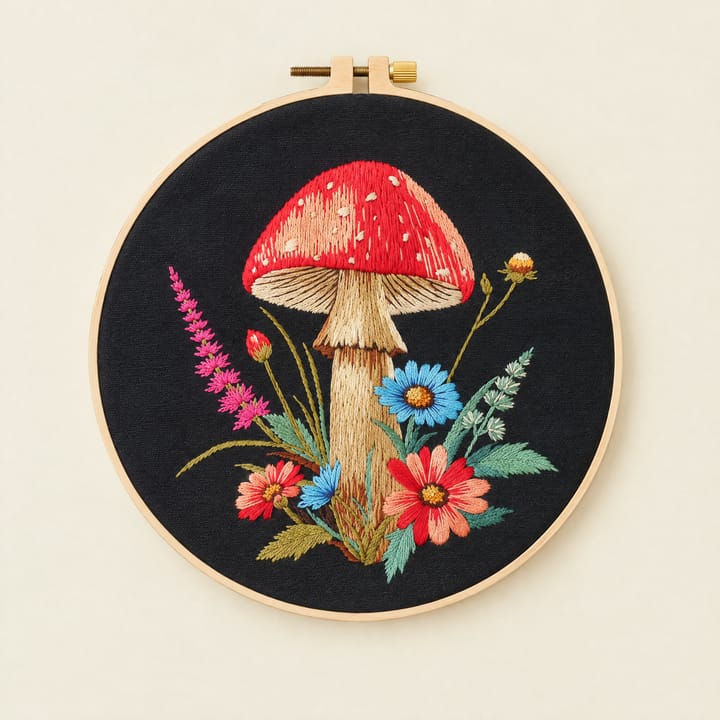 Lone toadstool mushroom embroidery on black fabric, 8 in hoop