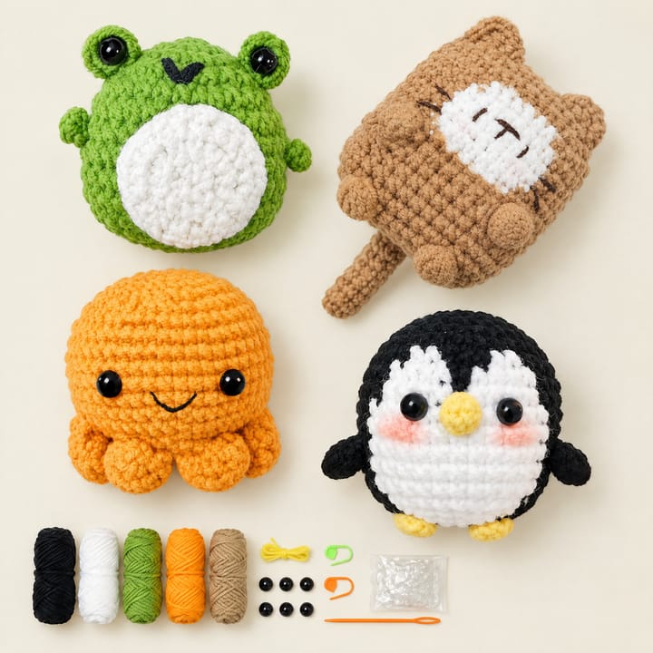 Frog, cat, octopus and penguin crochet figures with yarn, eyes and stuffing