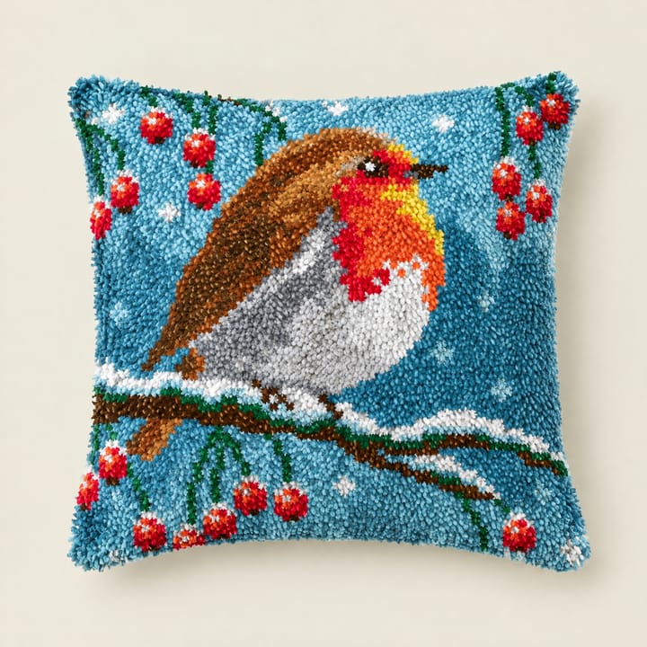 Winter robin latch hook pillow, 17 x 17 in