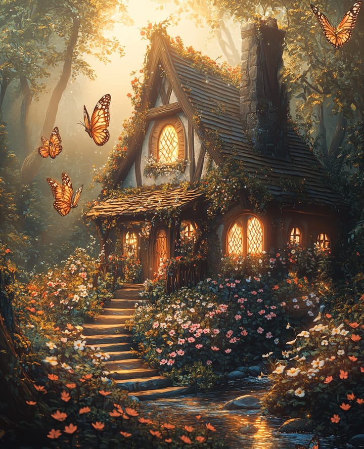 Butterfly cottage design: a stone cottage with glowing windows and butterflies