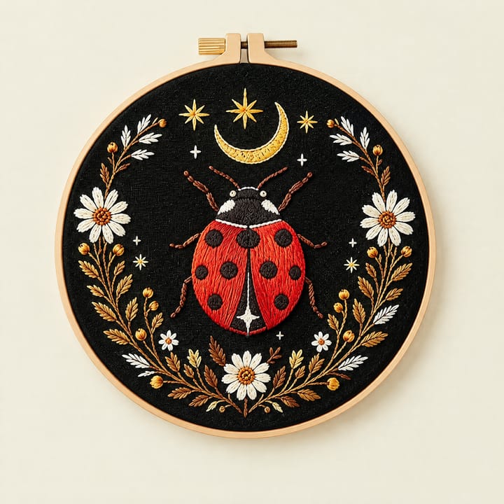 Ladybug embroidery on black fabric in an 8 in hoop