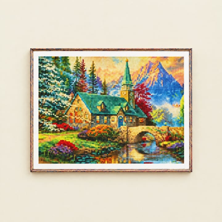 Cottage and Stream Diamond Art Kit, Church with green spire and mountain