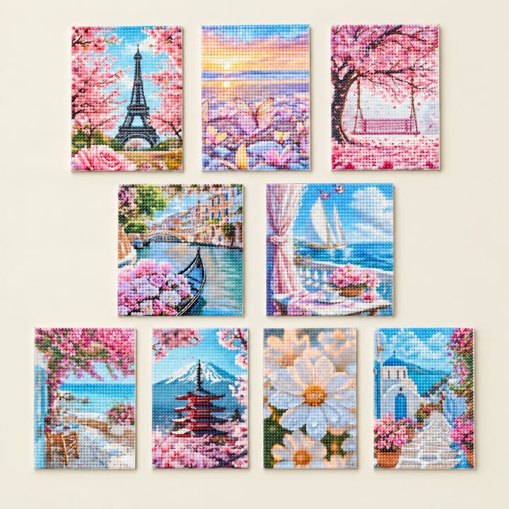 Nine of the Blossom Postcards diamond art designs side by side, led by the Eiffel Tower under cherry blossom