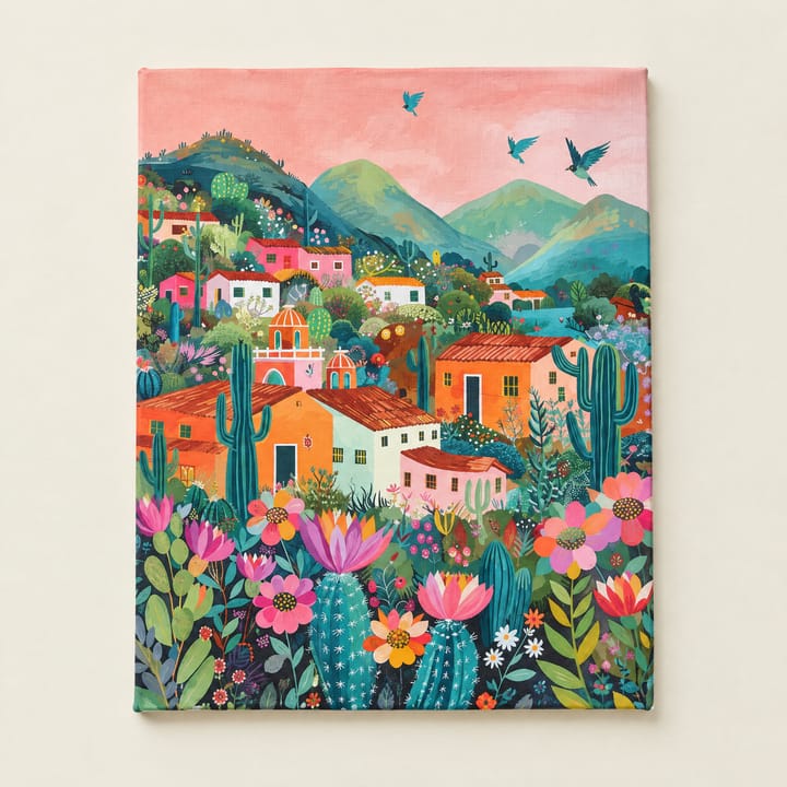 Hill village design: pink and orange houses among cacti