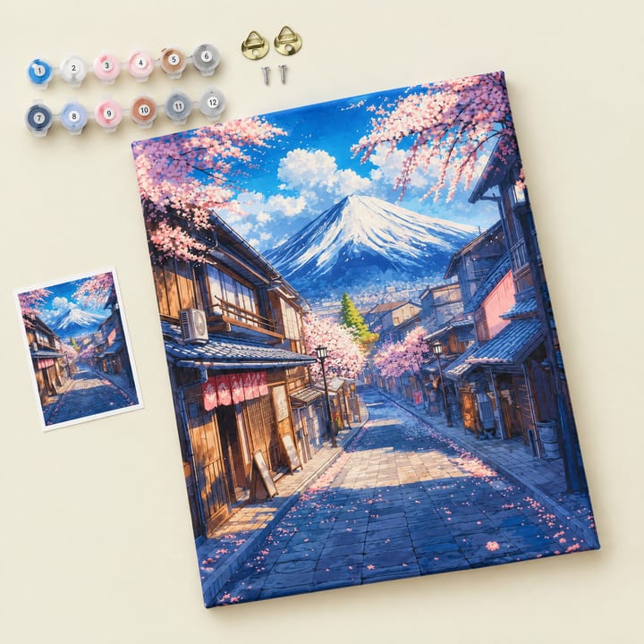 Sakura street canvas on a table beside the paint pots and brushes