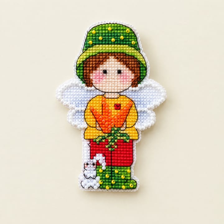 Angel Fridge Magnet Cross Stitch Kit, Green hat angel