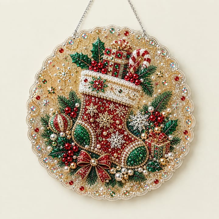 Christmas Pearl Diamond Art Ornament Kit, Stocking with candy cane