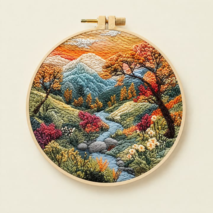 Sunset river landscape embroidery in a 6 in hoop