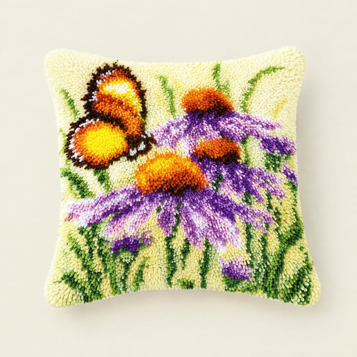 Coneflower and butterfly latch hook pillow, 17 x 17 in