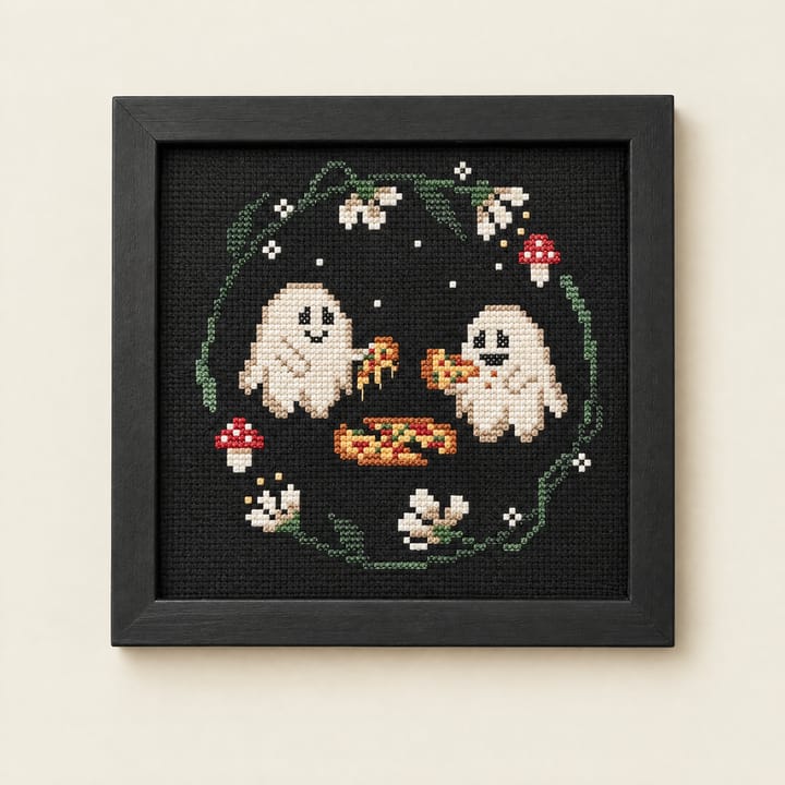 Ghost Pizza Cross Stitch Kit, Two ghosts with pizza