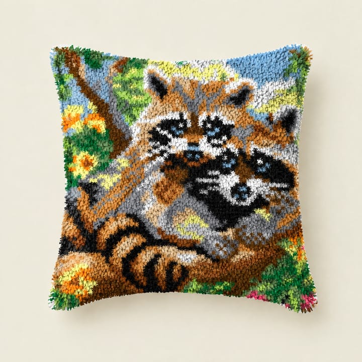 Raccoons latch hook pillow, 17 x 17 in