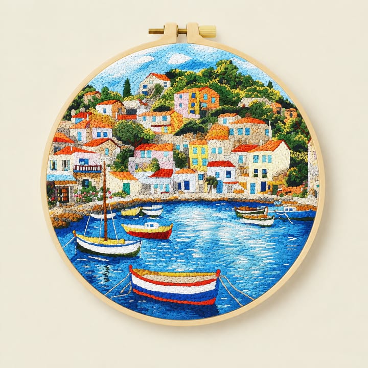 Harbor village embroidery: colorful houses and wooden boats