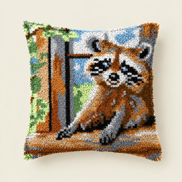 Raccoon at the window latch hook pillow, 17 x 17 in