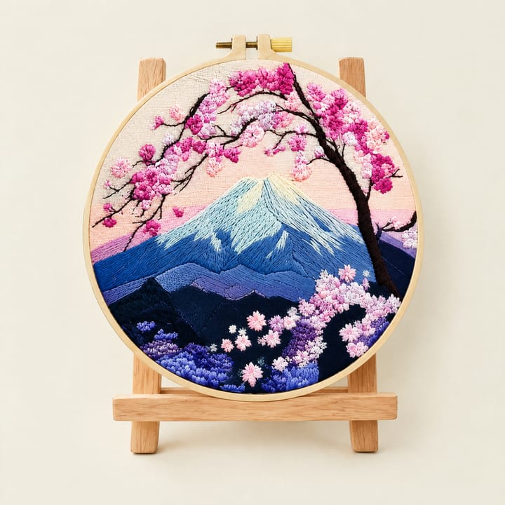 Mount Fuji blossom embroidery hoop on an easel by a window