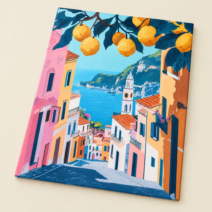 Amalfi lemons design: a white cliff town framed by lemon branches