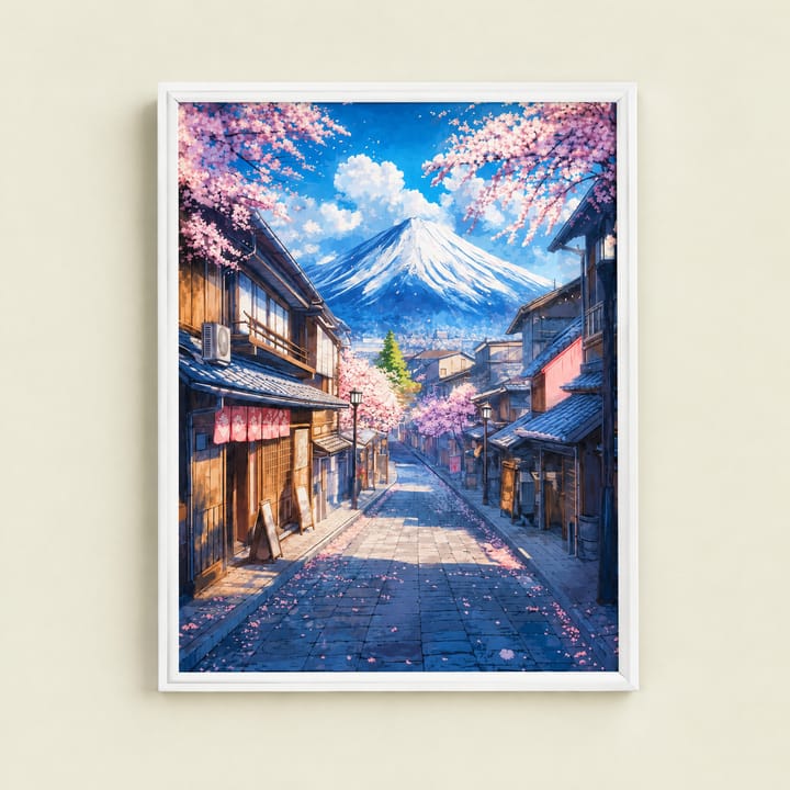 Sakura street painting shown framed on a white wall