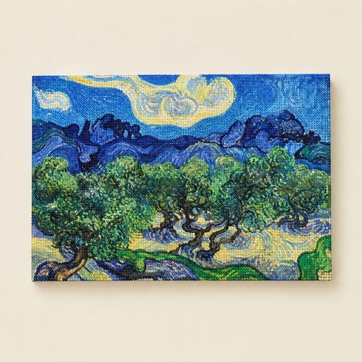 Olive hills design: olive trees below blue mountains and a white cloud
