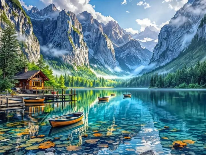 Mountain lake diamond art design with a timber cabin, rowboats and pine-covered peaks