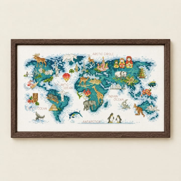 Animal world map cross stitch on white Aida in a dark frame