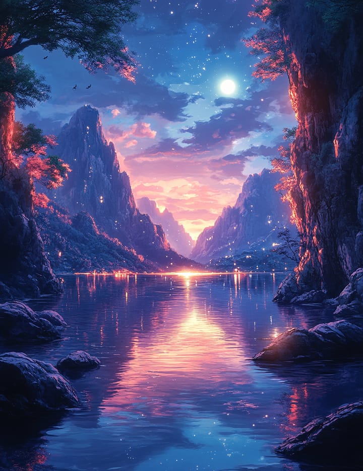 Moon lake design: a mountain lake at night between steep cliffs
