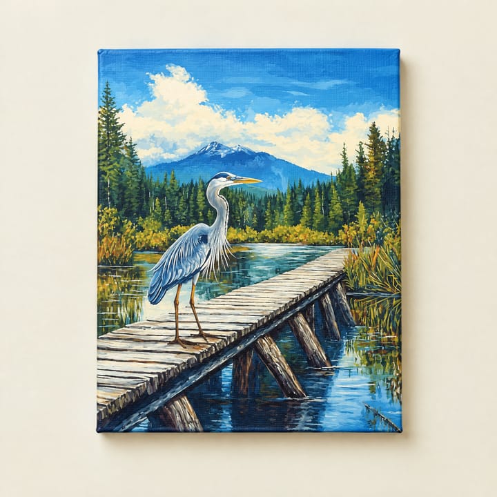 Heron and pines design: the heron on a jetty below a snowy peak