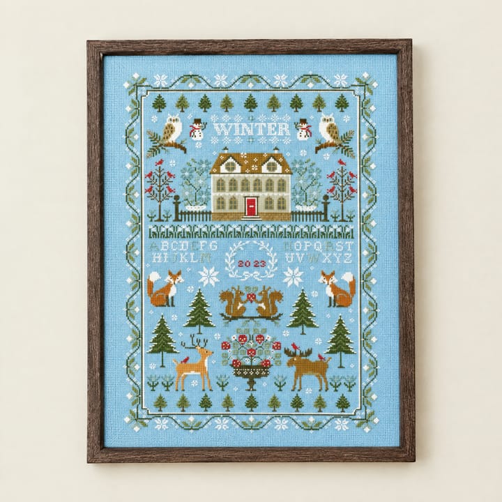 Winter house sampler cross stitch on sky blue Aida with owls, snowmen and foxes, framed