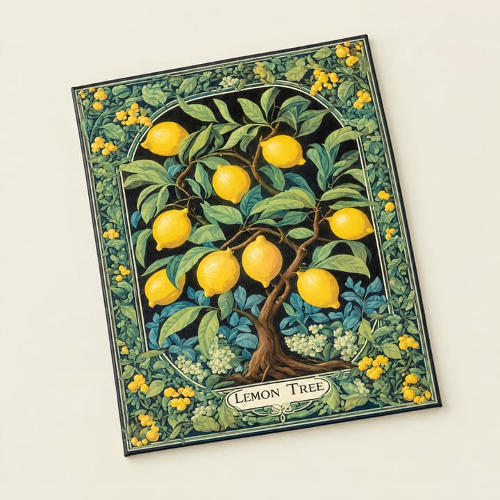 Lemon tree panel design: a lemon tree inside a dark green border