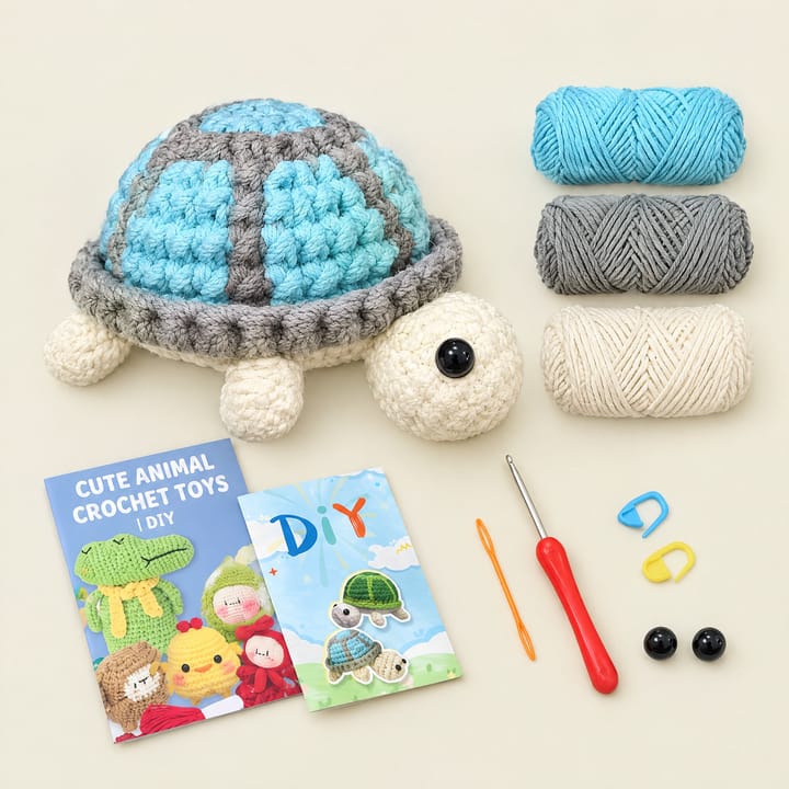 Blue shell turtle crochet kit with yarn and hook