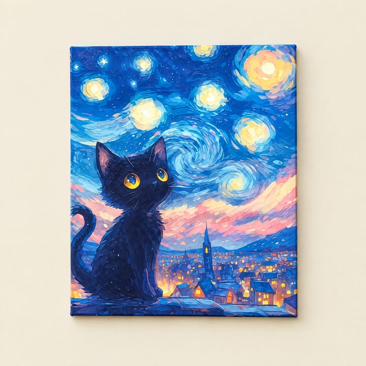 Starry Cat Paint by Number Kit, Black cat on rooftop at night