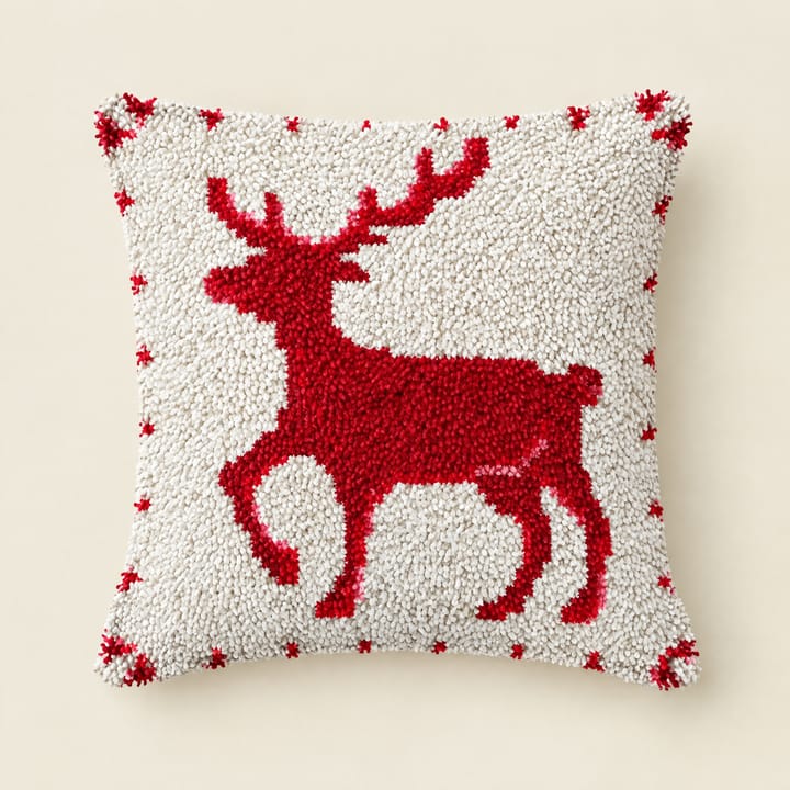 Red reindeer Christmas latch hook pillow, 17 x 17 in
