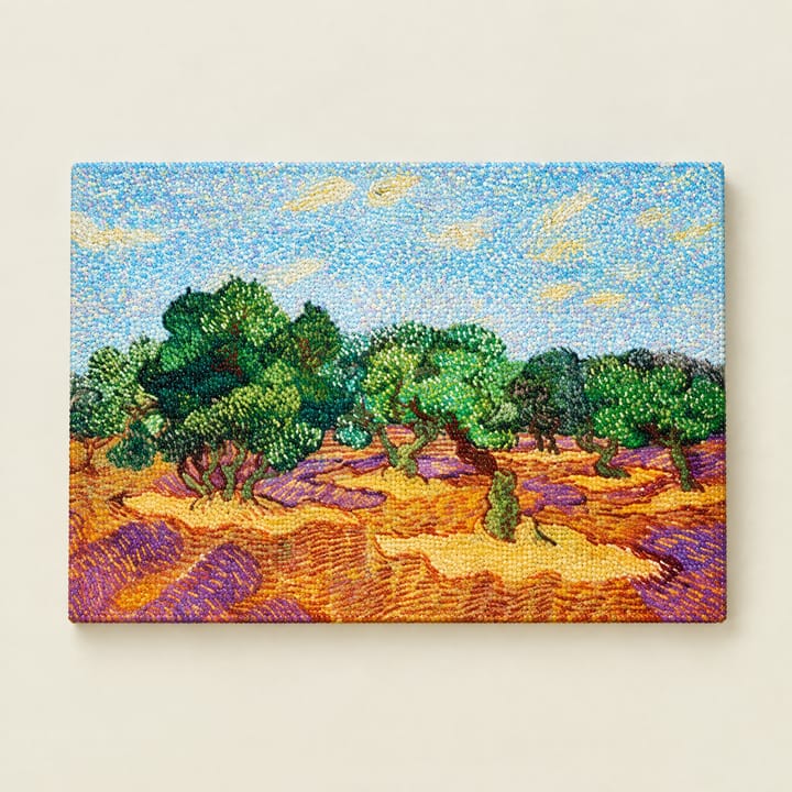 Olive orchard design: bright green olive trees on warm orange ground