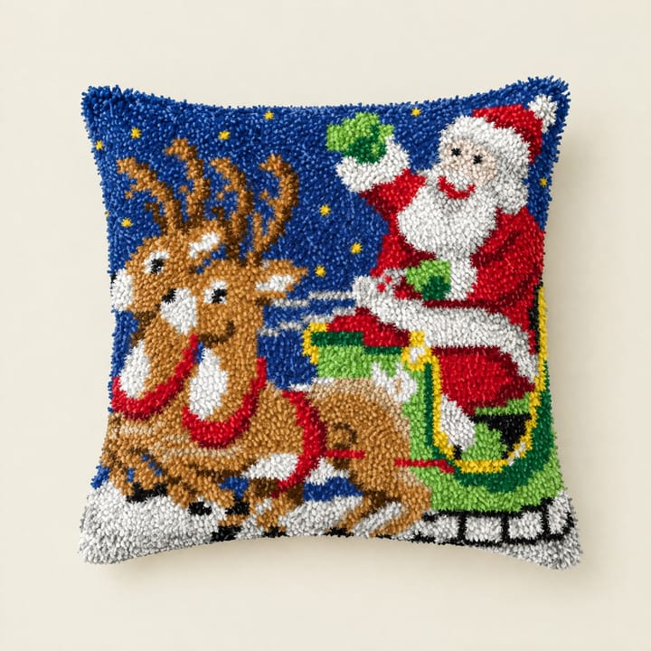 Santa's sleigh Christmas latch hook pillow, 17 x 17 in