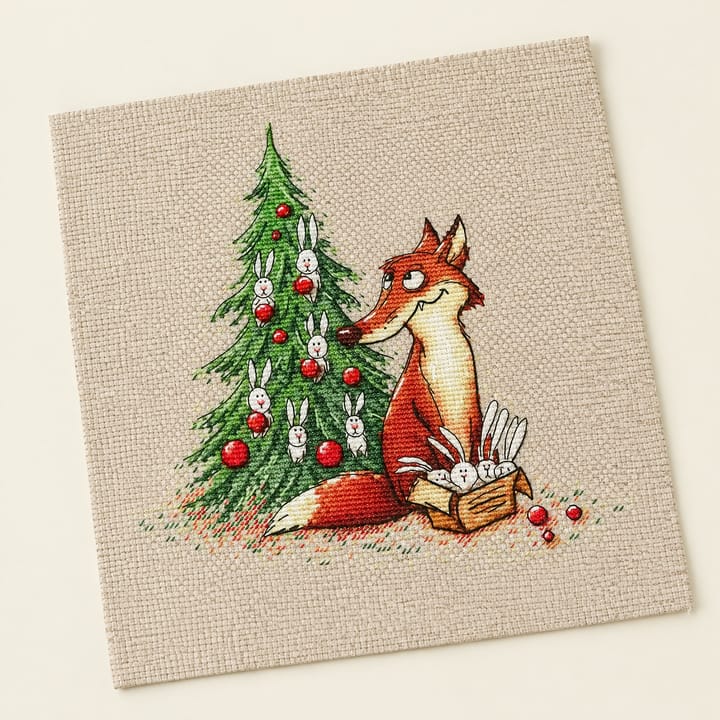 Fox and Hen Cross Stitch Kit, Fox and Christmas tree with rabbits
