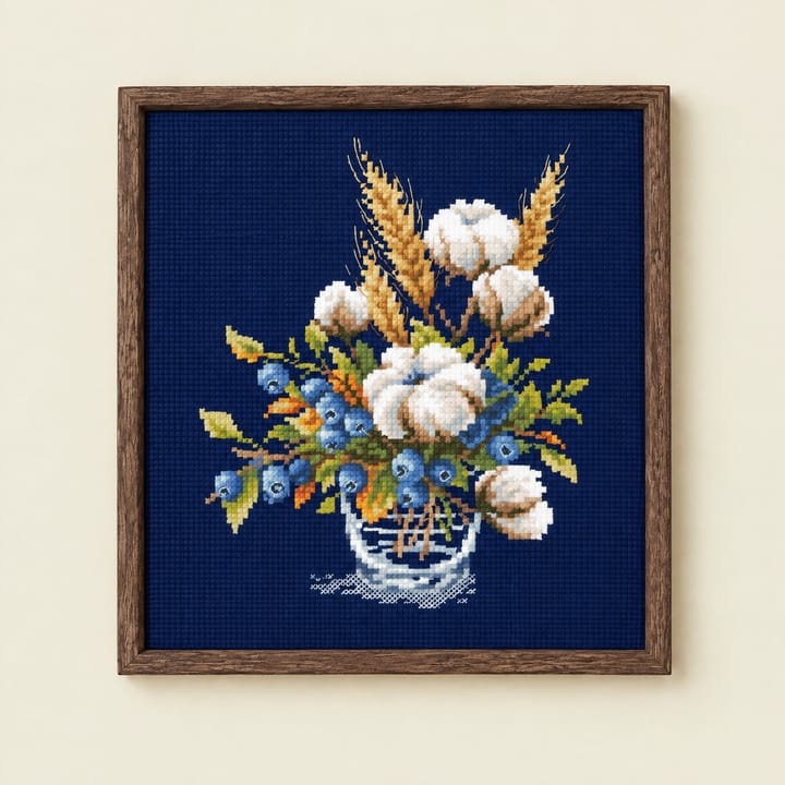 Cotton bouquet cross stitch design with blueberries on navy Aida