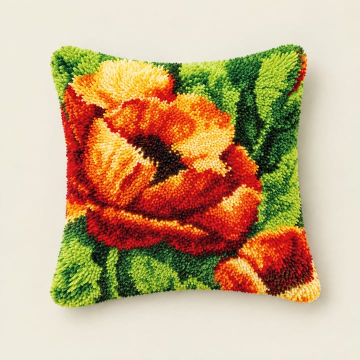 Orange poppy latch hook pillow, 17 x 17 in