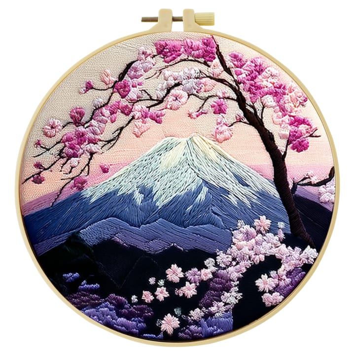 Mount Fuji blossom embroidery in a hoop on black