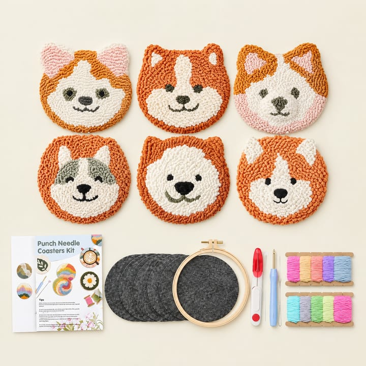 Shiba faces punch needle dog coasters with the kit
