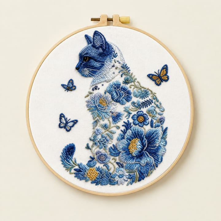 Blue floral cat embroidery hoop on a desk by a lamp
