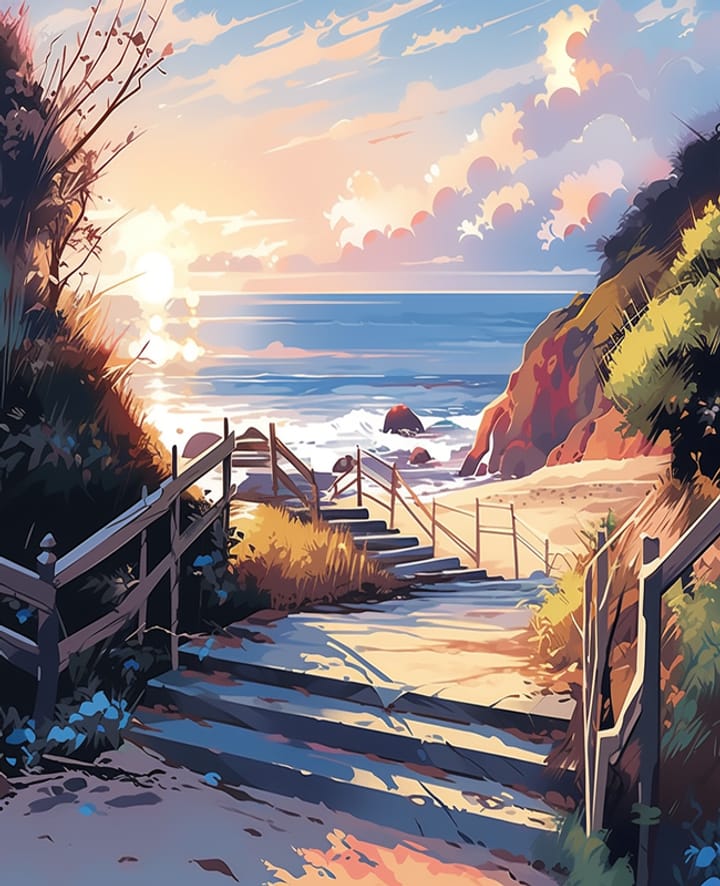 Beach steps design: wooden steps down to the sea at golden hour