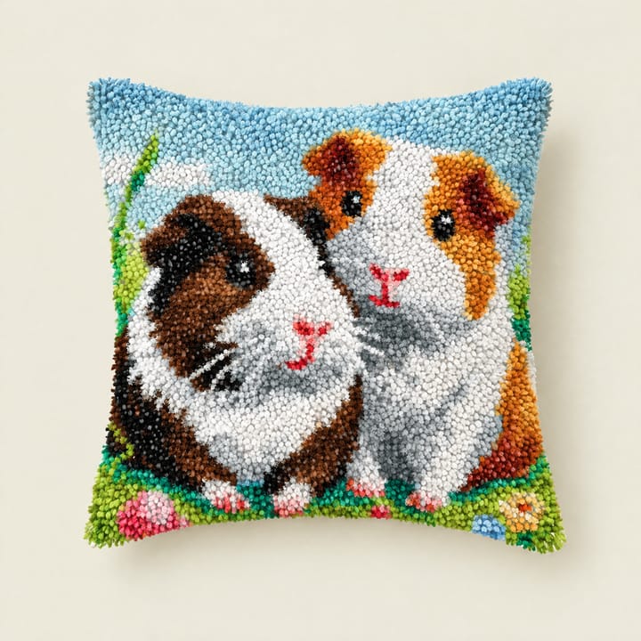 Guinea pigs in clover latch hook pillow, 17 x 17 in
