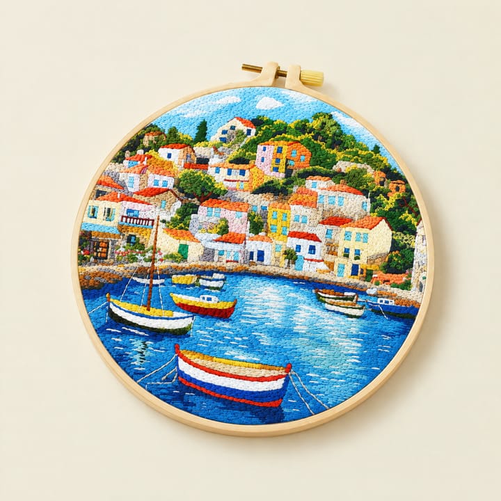 Harbor village embroidery hoop on an easel by a window