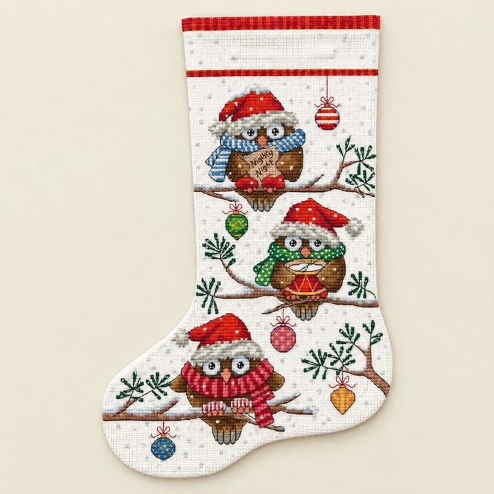Christmas Stocking Cross Stitch Kit, Owls in Santa hats