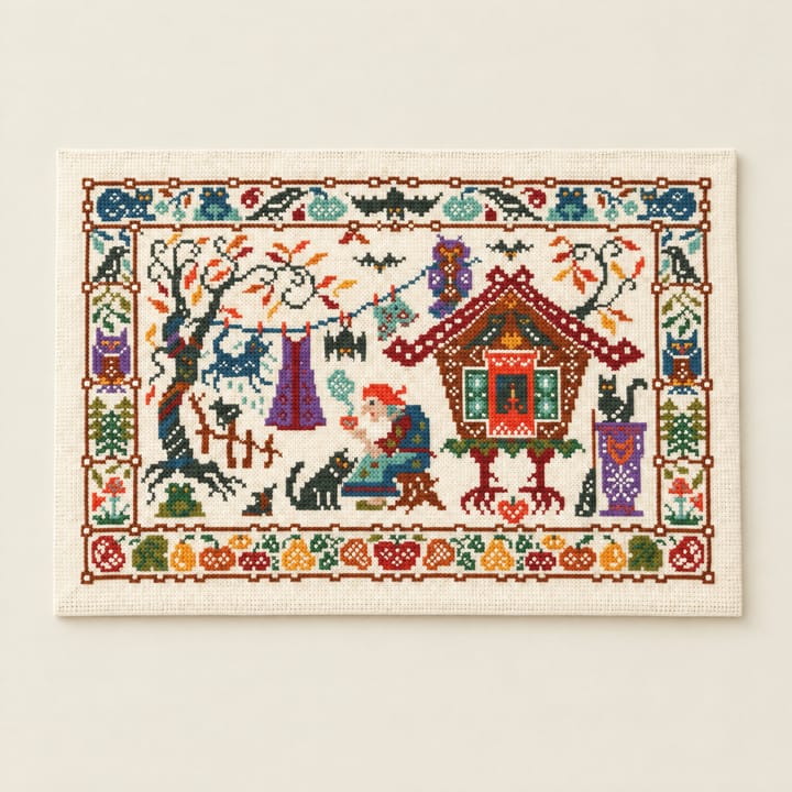 October folk tale cross stitch design on cream Aida with an autumn border