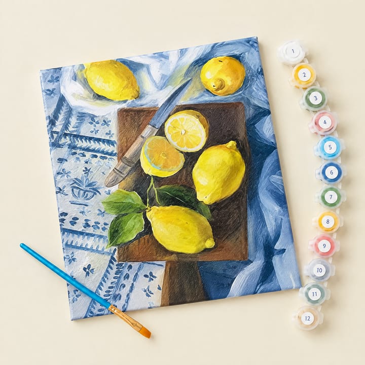Cutting board design: lemons and a knife on a wooden board