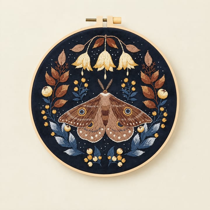 Autumn moth embroidery on black fabric in an 8 in hoop