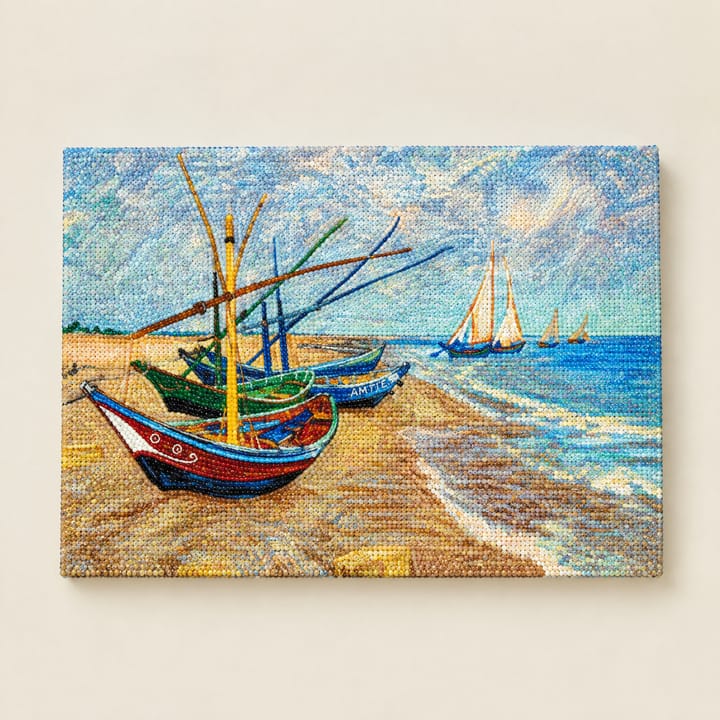 Fishing boats design: colorful boats pulled up on a sandy beach