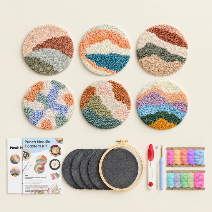 Pastel hills punch needle coasters with the kit