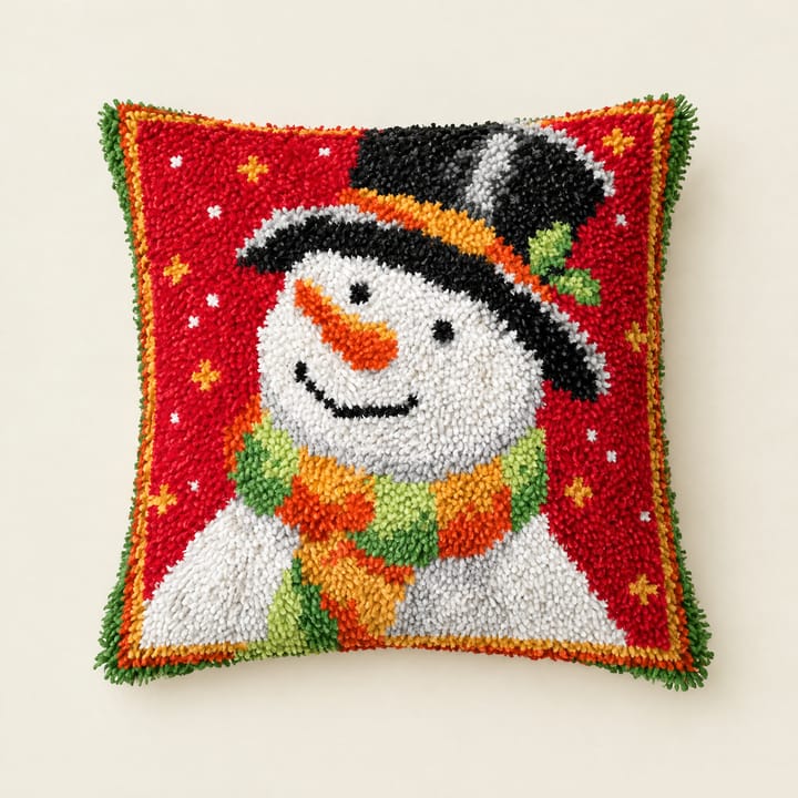 Snowman on red Christmas latch hook pillow, 17 x 17 in