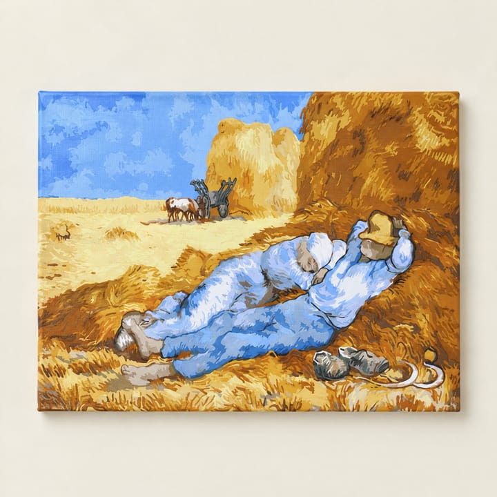 Noon Rest design: two harvesters resting by the haystacks